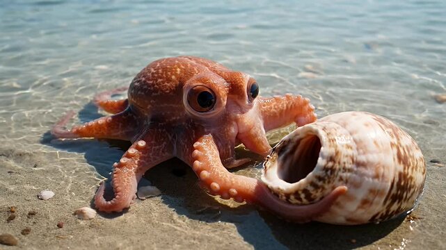 Adorable baby octopus with large eyes interacting with seashell on beach