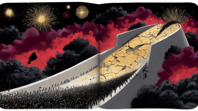 large crowd walks to golden monument