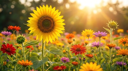 Obraz premium A vibrant meadow with a large sunflower and various colorful flowers is bathed in warm golden sunlight.