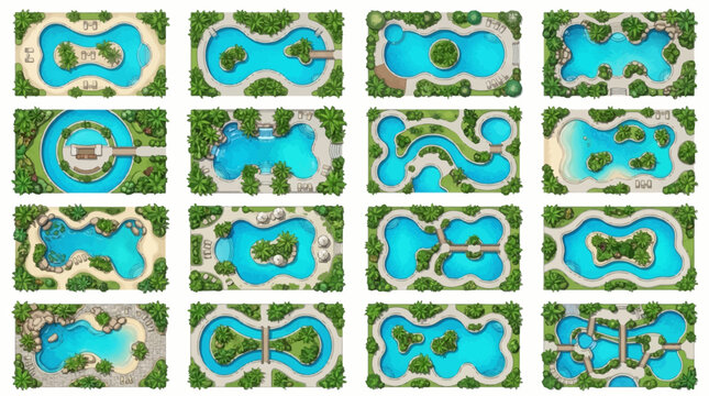Top-view vector illustrations of luxurious resort-style swimming pools, featuring diverse shapes, tropical landscapes, islands, and bridges.