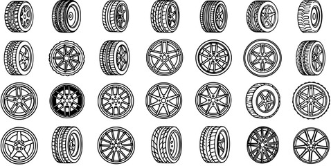 Automotive Car Tires and Wheels Black and White Line Art Icons Set - Collection of Vehicle Rims, Tyres, and Automotive Parts Outlines © victoria