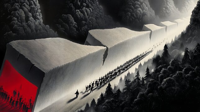 people walking alongside massive abstract structures