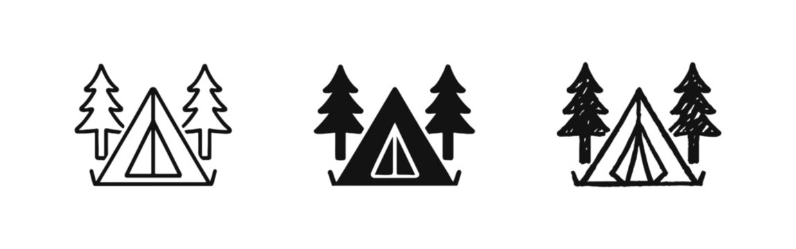 Camping tent and trees icon set in doodle style. Hand-drawn black and white outdoor adventure and wilderness symbols.