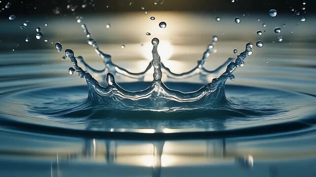 Mesmerizing Water Drop Crown Splash in Serene Blue Liquid Surface. 4k Footage Video