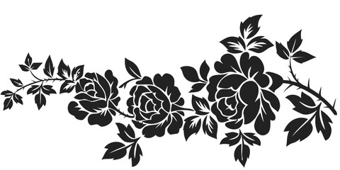 Elegant black silhouette of a rose branch with blooming flowers and leaves © Md
