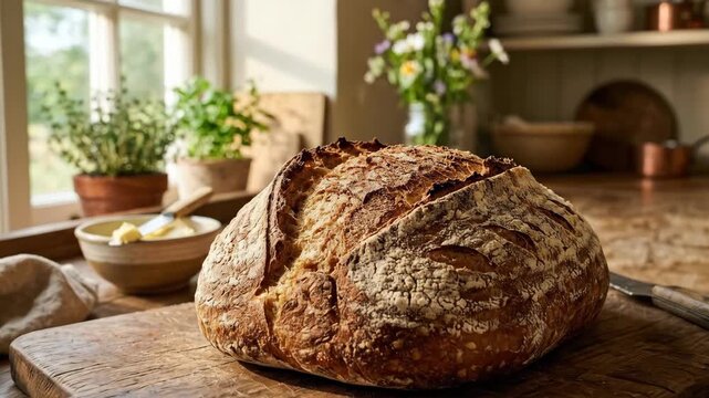 A rustic loaf of homemade bread sits on a wooden cutting board in a sunlit kitchen scene, natural light enhances the grain texture and crisp crust while soft shadows create depth, photorealistic,