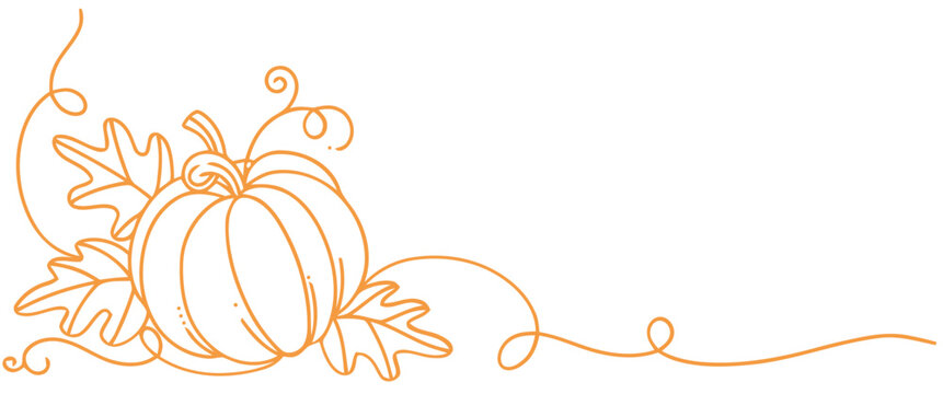 A minimalist orange line drawing of a pumpkin and autumn leaves