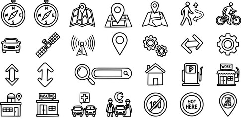 Fototapeta premium Navigation and Location Icons: Compass, Map, Car, Satellite, GPS, Search, House, Fuel, Work, People, Bike, Road Signs, Black and White Line Art