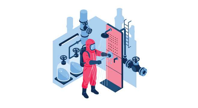A technician wearing a full red protective hazmat suit operates an emergency decontamination shower within a complex industrial piping and valve system.