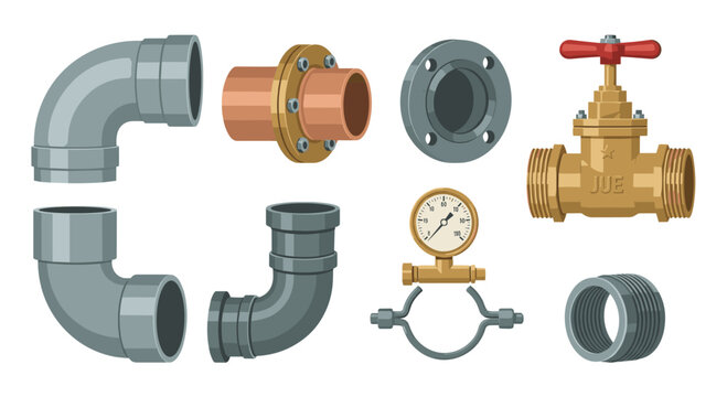 A comprehensive collection of meticulously detailed pixel art plumbing components featuring grey PVC elbows brass gate valves and precise pressure gauge.