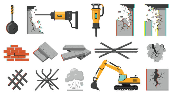 An extensive set of pixel art demolition icons showcasing heavy machinery like excavators and wrecking balls alongside crumbling concrete walls and bricks.