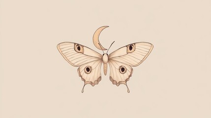 Pale butterfly with crescent moon, minimalist aesthetic