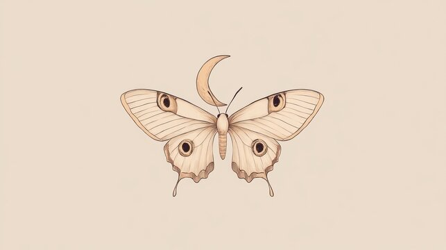 Pale butterfly with crescent moon, minimalist aesthetic