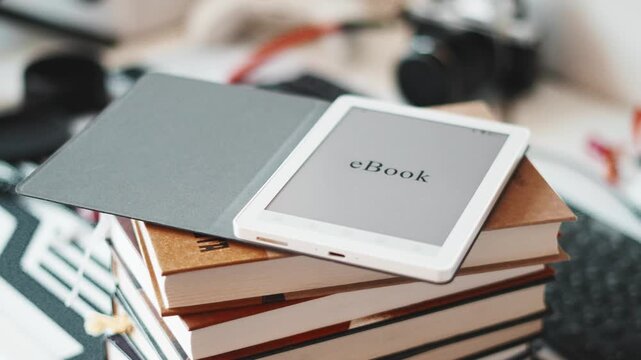 Ebook reader placed on stack of printed books in cozy workspace. Blend of digital and traditional reading. Concept of modern education, technology and comfortable learning environment.
