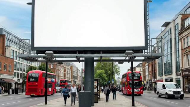 A blank outdoor billboard positioned on a city street with an empty white advertising panel, urban environment with subtle architectural elements and sky in the background, clean modern composition
