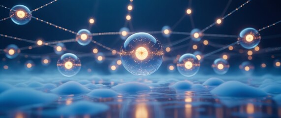 Obraz premium Quantum connections: glowing orbs in a cosmic network of light illustration