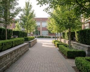 Fototapeta premium Well-manicured green hedges and trees line a paved walkway leading to a brick building