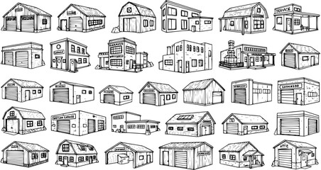 Naklejka premium Black and White Hand-Drawn Line Art Garages and Service Buildings Set for Automotive, Construction, and Home Architecture Concepts