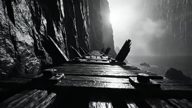 Black and white view of a rickety wooden walkway clinging to a cliff face by the stormy ocean