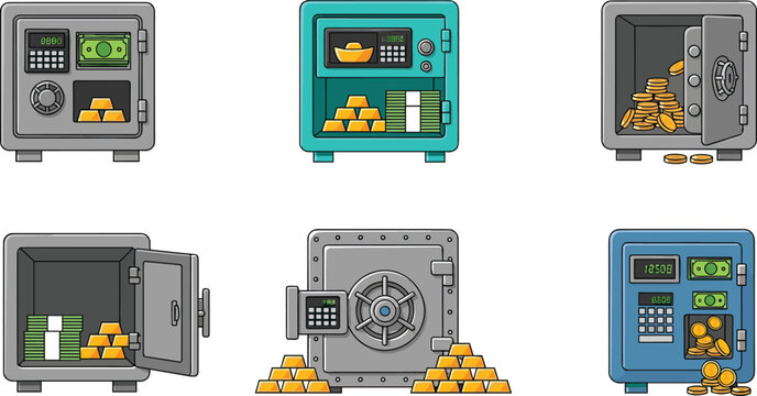 Secure Safe Vault Icon Set with Cash Money Gold Bars Storage Banking Security Deposit Boxes Financial Protection Concept Illustration