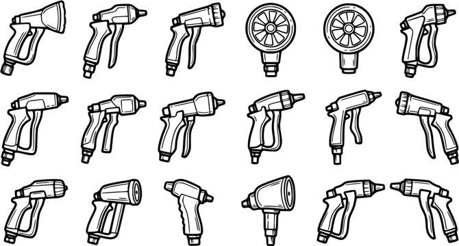 Hand-drawn Black and White Line Art Set of Various Spray Guns and Nozzles for Industrial, Cleaning, and Painting Applications