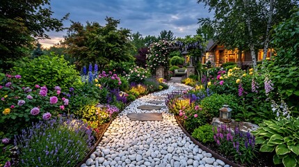 Obraz premium Enchanting landscaped backyard garden pathway winding with smooth white river rocks, bordered by vibrant green shrubs and blooming flowers.