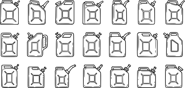 Automotive Fuel Jerry Can and Gas Can Vector Outline Icons Set. Black and White Hand-Drawn Line Art Collection for Energy and Transportation.