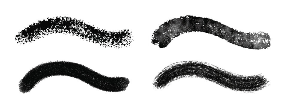Vector Scatter Brushes. Grain and Speckles. No-stretch. Grunge spray paint strokes and grainy charcoal lines. Black ink textured scribbles and rough stipple hatches, vector illustration.
