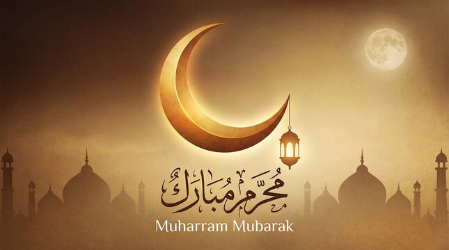 Happy muharram islamic new year wishes with crescent moon and lantern
