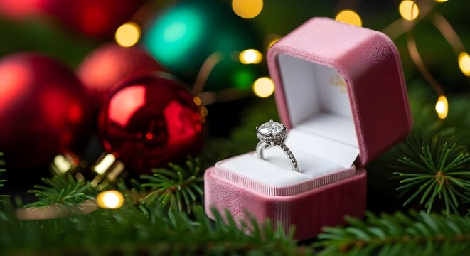 A diamond solitaire engagement ring in a pink jewelry gift box on a christmas tree with ornaments and lights