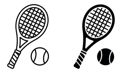 Tennis racket and tennis ball icon set with outline and solid black silhouette vector illustration for sports, recreation, fitness, and game design projects © Sidratul Muntaha