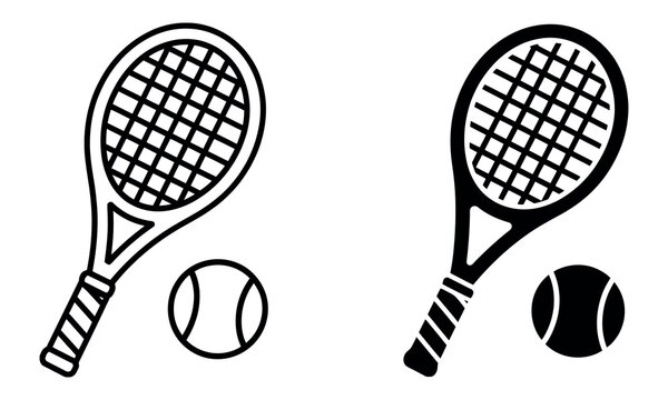 Tennis racket and tennis ball icon set with outline and solid black silhouette vector illustration for sports, recreation, fitness, and game design projects