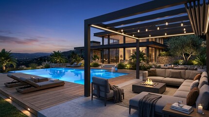 Obraz premium Luxurious contemporary outdoor living space at twilight featuring a sleek dark steel pergola and a pristine glowing blue swimming pool deck.