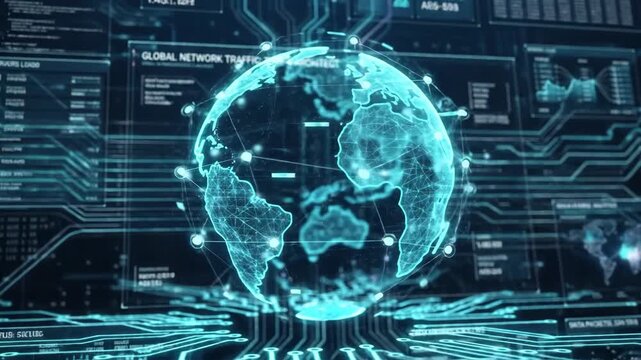 A dark blue digital interface background filled with glowing UI elements and circuit flows, layered data panels and network connections creating depth, cinematic lighting with soft highlights,