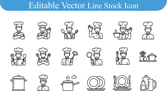 Editable vector line stock icon set of chefs kitchen equipment cooking utensils culinary symbols with food service