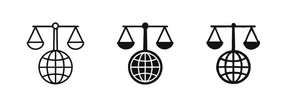 Global justice scales icon set, symbolizing international law, worldwide equity, and universal rights.