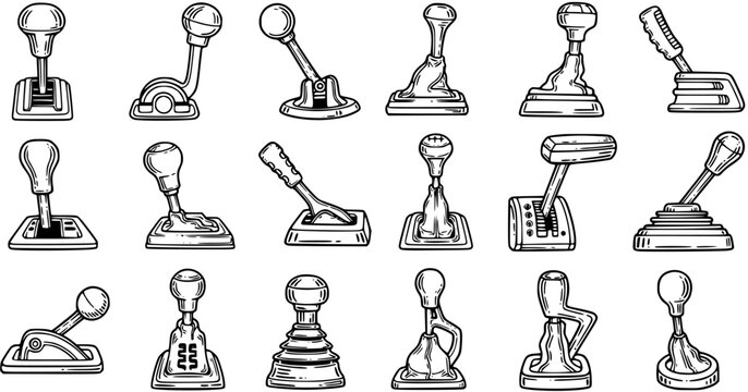 Black and White Line Art Collection of Diverse Car Gear Shifters for Automotive Industry
