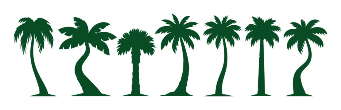 Tropical Palm Tree Silhouettes, a versatile collection of 7 dark green vector palm trees, perfect for summer, beach, and vacation designs, isolated on white background