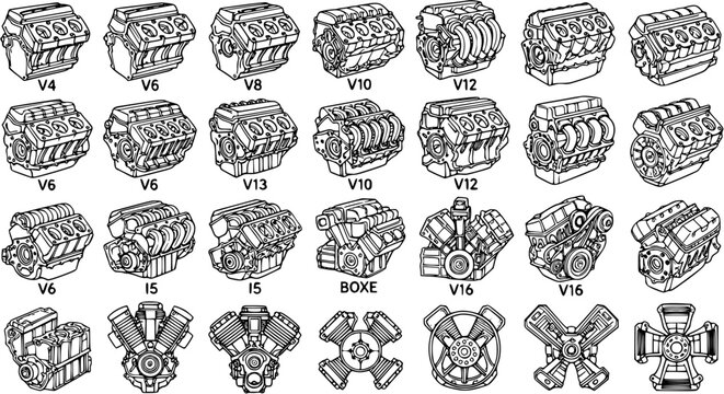 Automotive Internal Combustion Engine Types Vector Line Art Collection. Detailed Black  White Outline Illustrations of V4, V6, V8, V10, V12, V13, V15, V16, and Boxer Engines.
