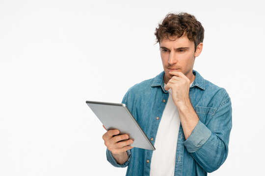 Programmer, tablet or man with thinking in studio for software glitch, planning or troubleshooting. Mockup, web developer and confused with coding mistake, system solution or test on white background