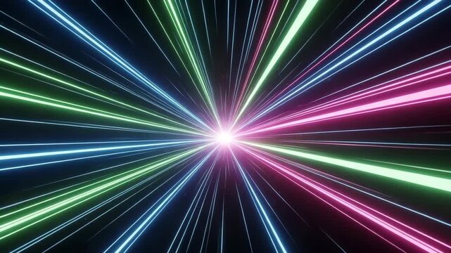 High speed light rays in pink and green traveling through space