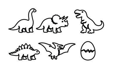 Cute dinosaur vector illustrations, a playful collection of prehistoric creatures, including a T-Rex, Triceratops, Brontosaurus, Stegosaurus, Pterodactyl, and a hatching dinosaur egg © Farzana