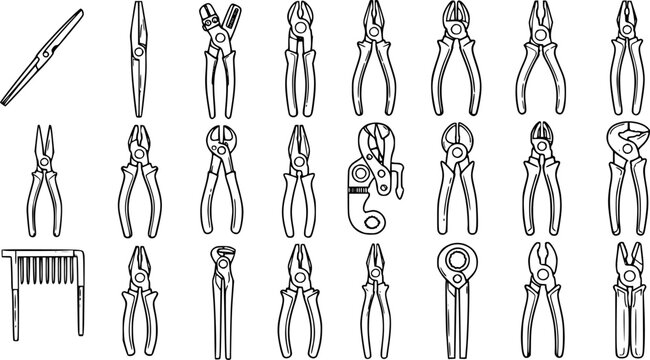 Industrial Hand Tools Collection: Black and White Line Art Icons Set of Pliers, Cutters, and Nippers for Repair, Craftsmanship, DIY.