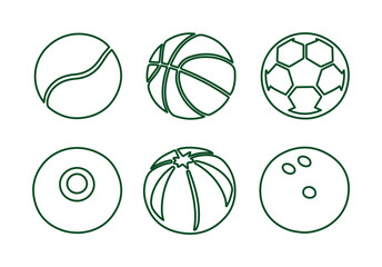 Fototapeta premium Minimalist sports ball vector icon set, six outlined green athletic balls, versatile graphic resources for active lifestyle and game design projects