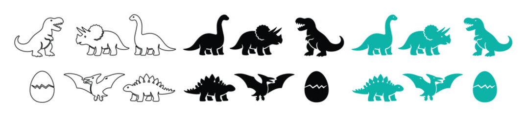 Cute Dinosaur Vector Icon Set, playful prehistoric animal silhouettes and outline illustrations, perfect for kids' designs, educational materials, and party invitations © Farzana