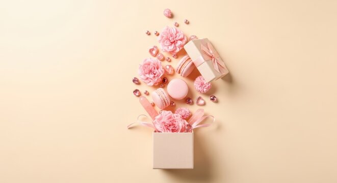 Flat lay of pink gift box with flowers, macarons, and crystals on a soft beige background