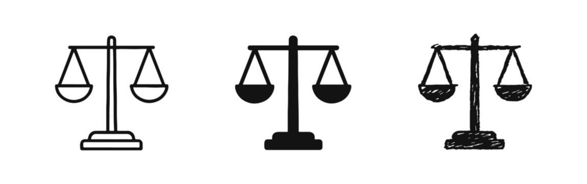 Classic scales of justice icon set, symbolizing law, equity, and judicial balance in various styles.