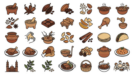 Mexican Mole Sauce Icons in Line Style. A collection of linear icons, including chili, cocoa, spices, molcajete, chicken, tortillas, pots, and more. Editable stroke, mexico, sauce, cooking. © Itx Musa