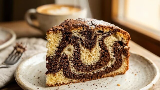 A marble cake slice with chocolate swirl is presented in close-up, soft sponge texture and layered cocoa pattern enhanced by warm directional lighting, photorealistic, cinematic shot, warm lighting,