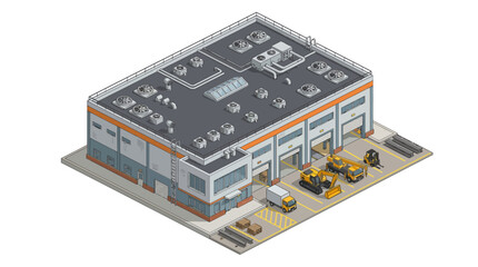 Obraz premium Isometric industrial building with heavy machinery and delivery trucks, representing logistics and construction operations